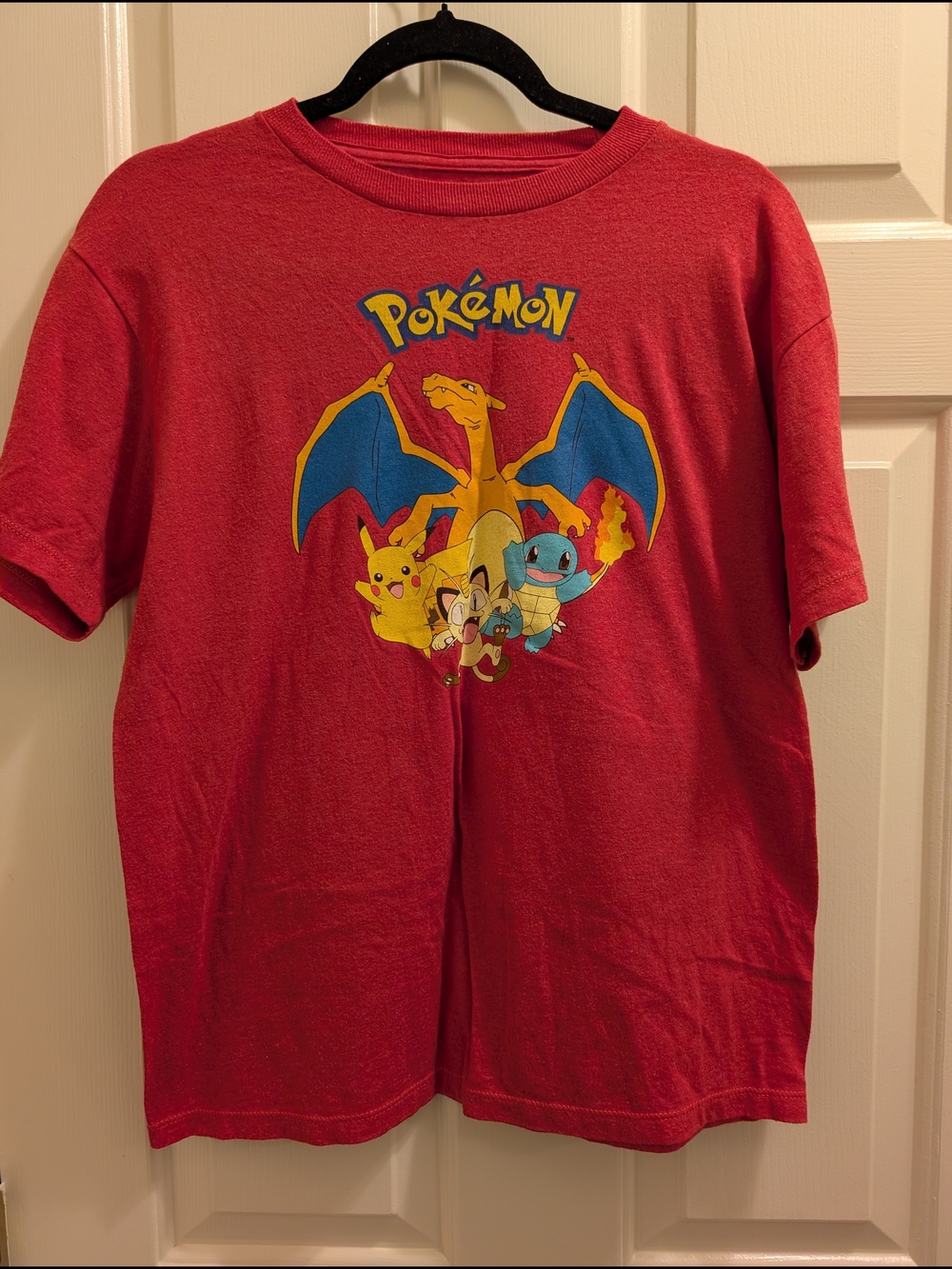 Pokemon Red Short Sleeve Tee with Charizard, Pikachu, Squirtle, And Meowth